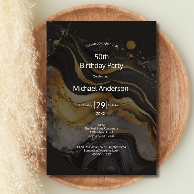 Invitation Black Gold Watercolor Laver 50e anniversaire pour  (Black Gold White watercolor wash 50th Birthday invitation for him. Edit for any year)