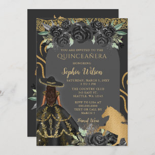 Invitation Black Gold Western Horse Floral Charra Quinceañera