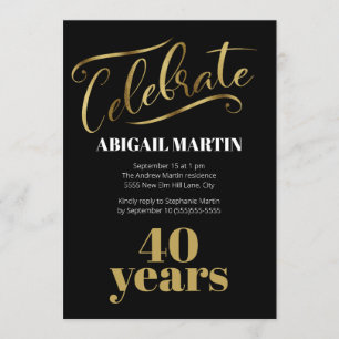 Invitation Black Gold White 40e fête d'anniversaire