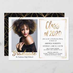 Invitation Black Gold White Class of 2020 Photo Graduation