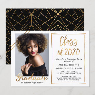 Invitation Black Gold White Class of 2020 Photo Graduation
