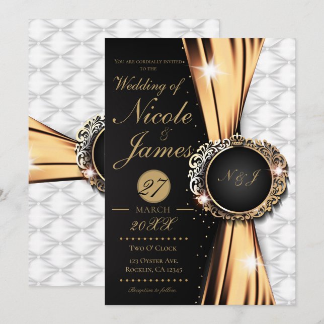 Invitation Black Gold & White Elegant Luxe Mariage ou Événeme (Devant / Derrière)