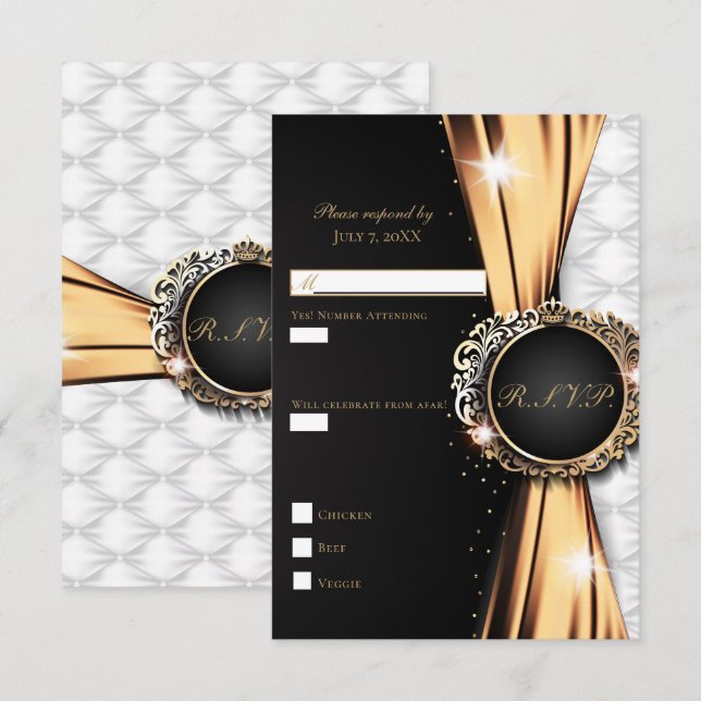 Invitation Black Gold & White Elegant Mariage de luxe RSVP (Devant / Derrière)