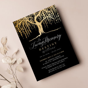 Invitation Black & Gold Willow Tree Amour Mémoire funéraire