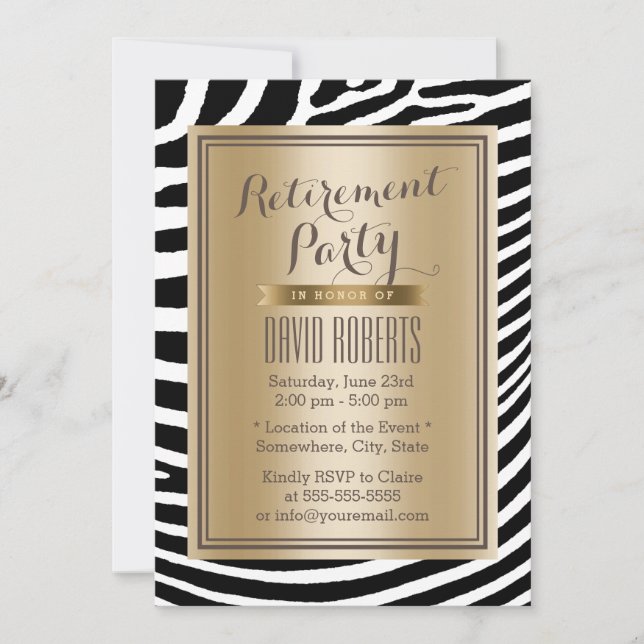 Invitation Black & Gold Zebra Stripes Parti de retraite moder (Devant)