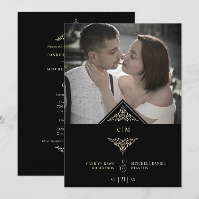 Invitation Black Golden Chic Lace Romantic Couple Wedding (Devant / Derrière)
