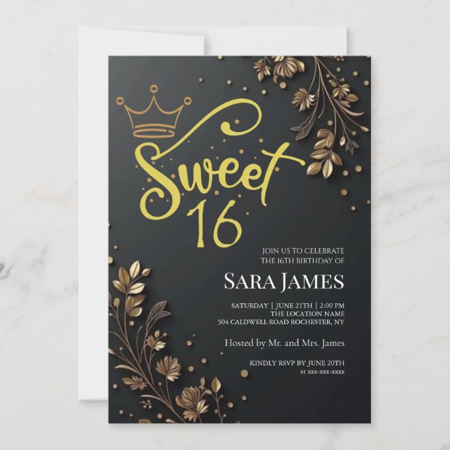 Invitation Black Golden Floral Sweet 16 Birthday (Devant)