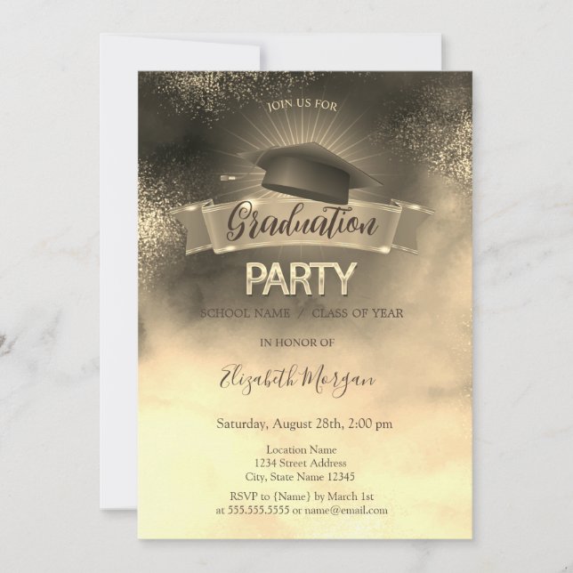Invitation Black Grad Casquette Aquarelle Gold Graduation Par (Devant)