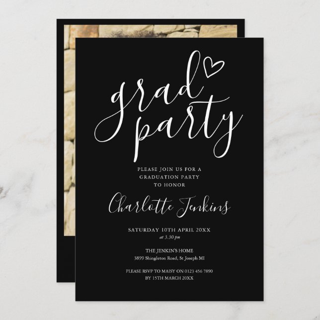Invitation Black Grad Party Script Photo Graduation Party (Devant / Derrière)