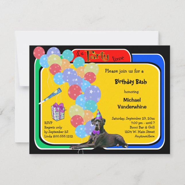 Invitation Black Great Dane Birthday Barthday (Devant)