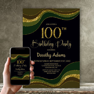 Invitation Black Green Gold Parties scintillant 100e fête d'a
