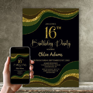 Invitation Black Green Gold Parties scintillant 16e fête d'an