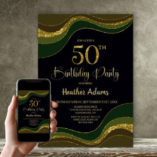 Invitation Black Green Gold Parties scintillant 50e anniversa