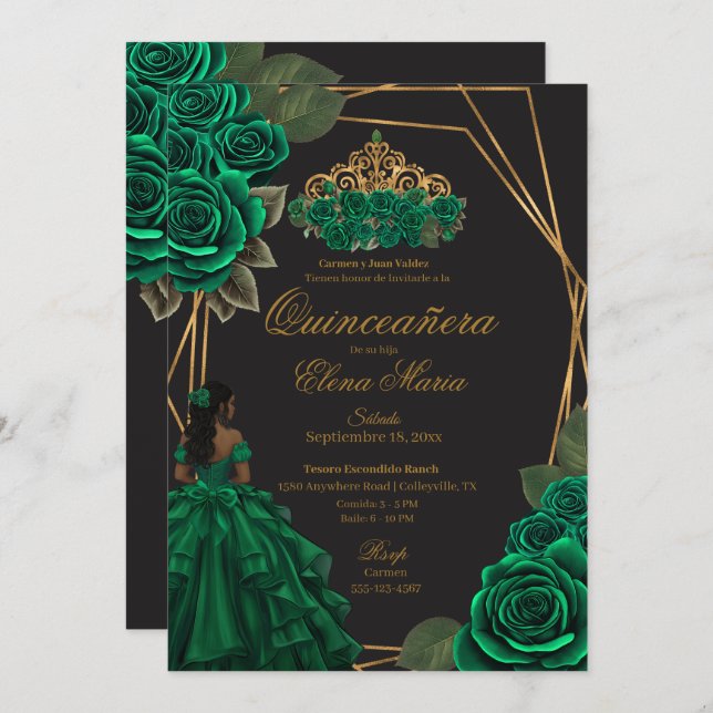 Invitation Black Green Rose Gold Princesse Quinceañera (Devant / Derrière)