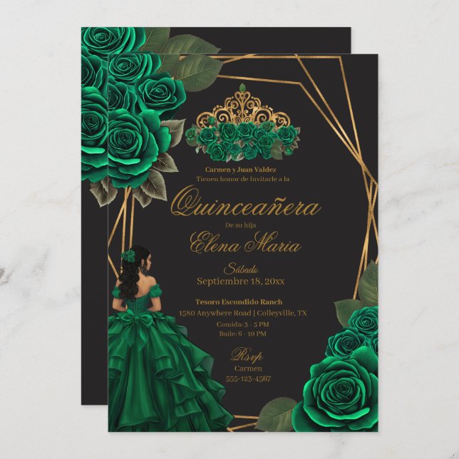 Invitation Black Green Rose Gold Princesse Quinceañera (Devant / Derrière)