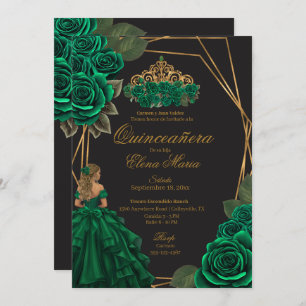 Invitation Black Green Rose Gold Princesse Quinceañera