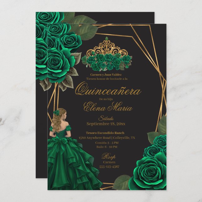 Invitation Black Green Rose Gold Princesse Quinceañera (Devant / Derrière)