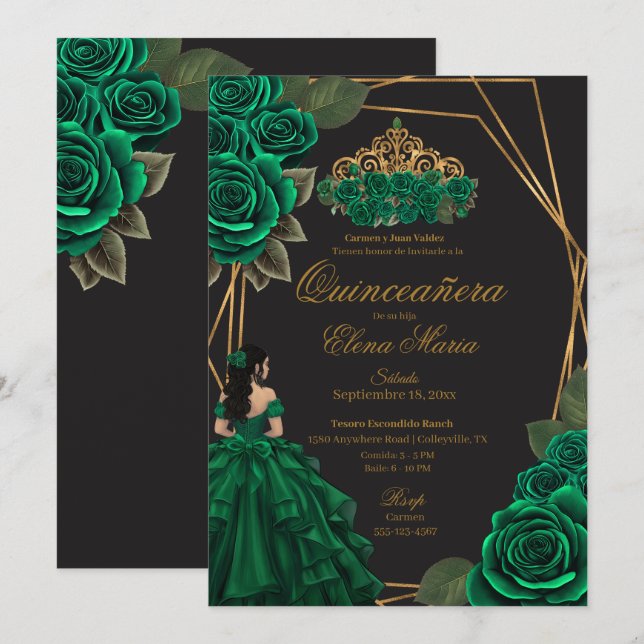 Invitation Black Green Rose Gold Princesse Quinceañera (Devant / Derrière)