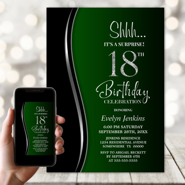 Invitation Black Green Surprise 18e anniversaire (Créateur téléchargé)