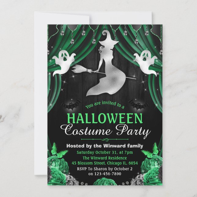 Invitation Black & Green Witch & Shimmer Rideaux Halloween (Devant)