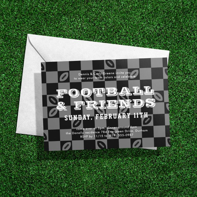 Invitation Black Grey Checkboard Football Game Watch Party (Créateur téléchargé)