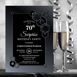 Invitation Black Grey Geometric Surprise 70th Birthday Party