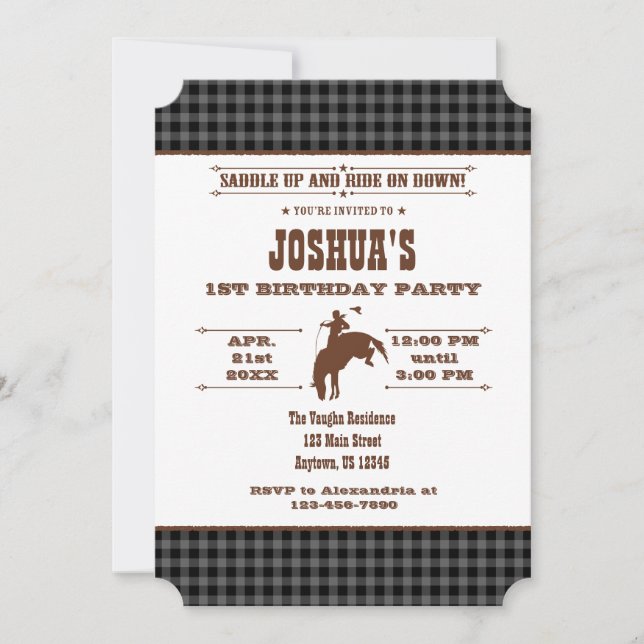 Invitation Black Grey Plaid Cowboy Rodeo Anniversaire Invitat (Devant)