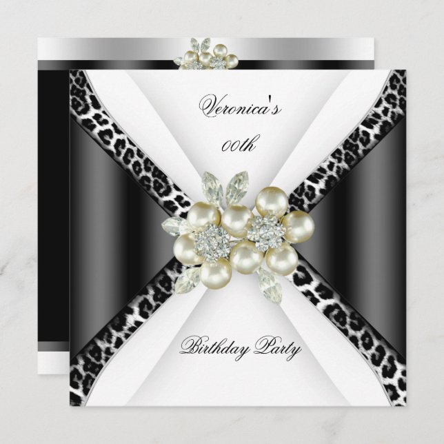 Invitation Black Grey White Leopard Pearl fête d'anniversaire (Devant / Derrière)