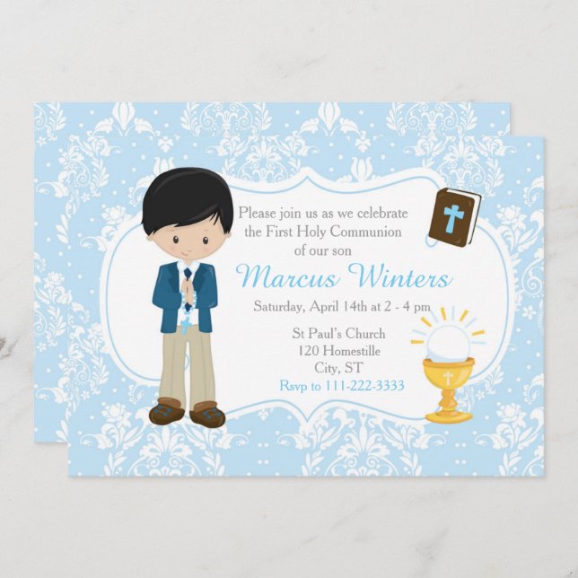 Invitation Black Hair Boy First Communion Damask (Devant / Derrière)