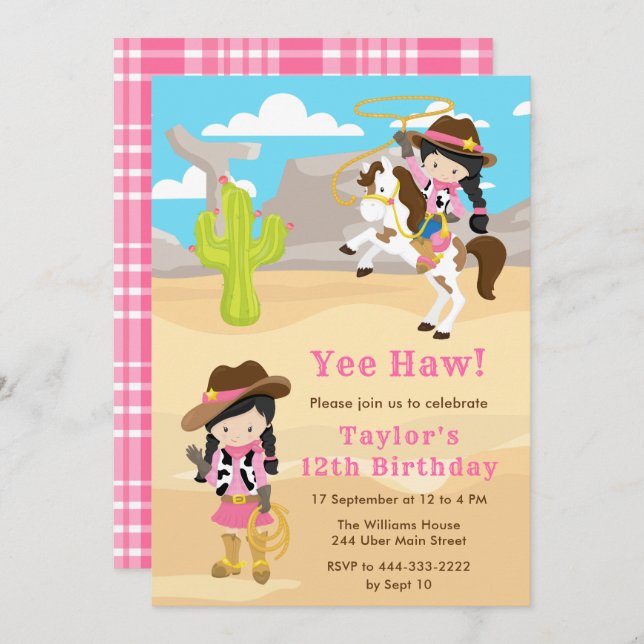 Invitation Black Hair Cowgirl fête d'anniversaire (Devant / Derrière)