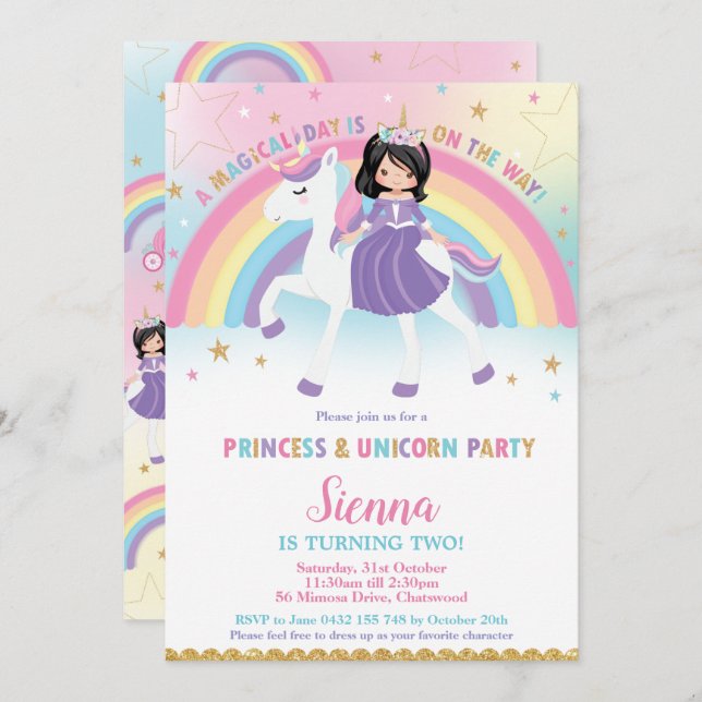 Invitation Black Hair Princess Unicorn Rainbow Anniversaire P (Devant / Derrière)