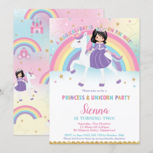 Invitation Black Hair Princess Unicorn Rainbow Anniversaire P
