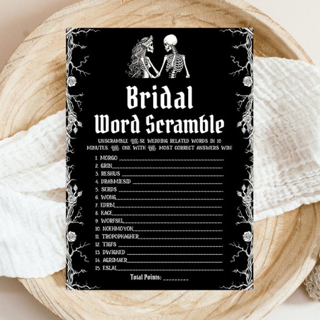 Invitation Black Halloween Skeleton Bride mot jeu (Black Halloween Skeleton Bridal Word Scramble Game)