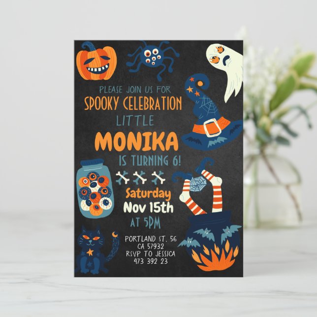 Invitation Black Halloween sorcière Cauldron Anniversaire (Debout devant)