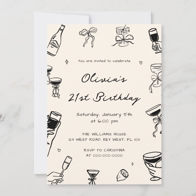 Invitation Black Hand Drawn Adult Birthday Party  (Devant)