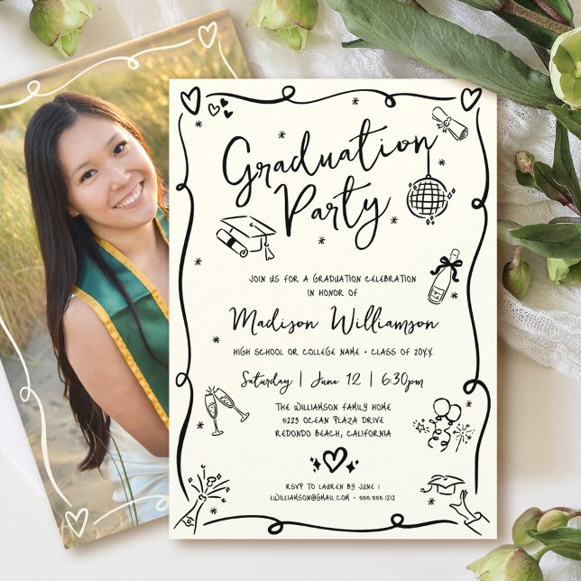 Invitation Black Hand Drawn Doodle Photo Graduate Party Cream (Créateur téléchargé)
