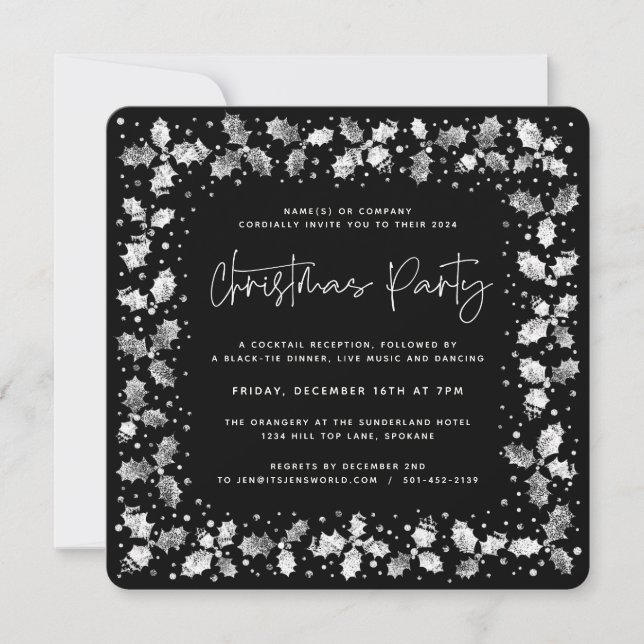 Invitation Black Hand Printed Holly+Berries Noël (Devant)