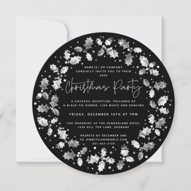 Invitation Black Hand Printed Holly+Berries Noël (Devant)
