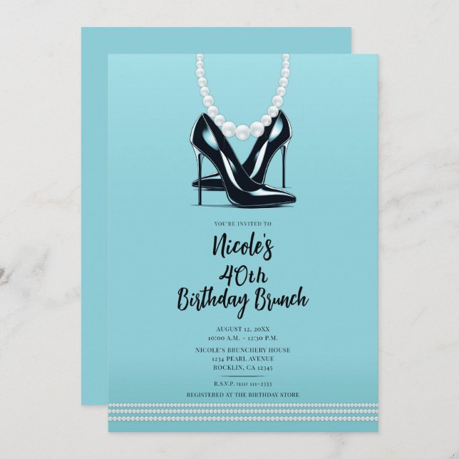 Invitation Black High Heels Perles Turquoise Anniversaire Bru (Devant / Derrière)
