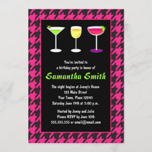 Invitation Black & Hot Rose Houndstooth fête d'anniversaire