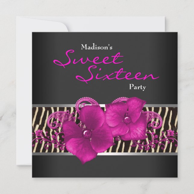 Invitation Black Hot rose Zebra Sweet 16 Anniversaire (Devant)