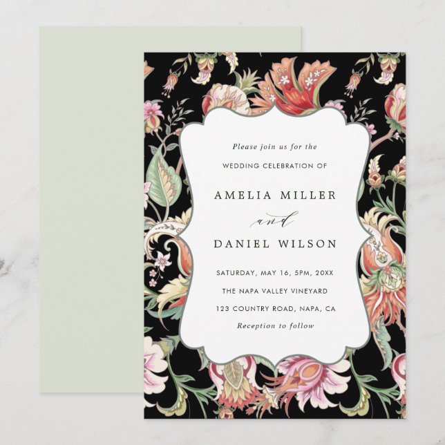 Invitation Black | Imaginaire tropical Boho Floral Mariage (Devant / Derrière)