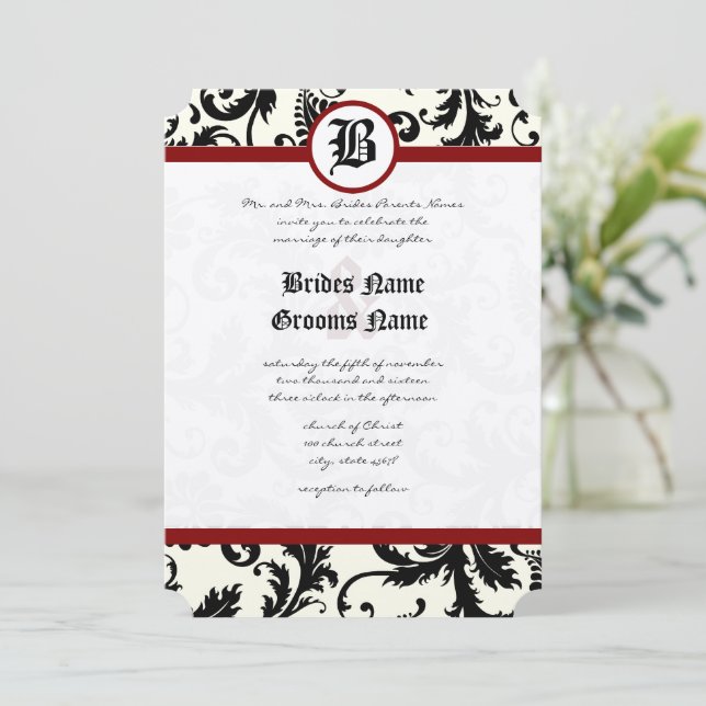Invitation Black Ivory & Maroon Mariage damassé (Debout devant)