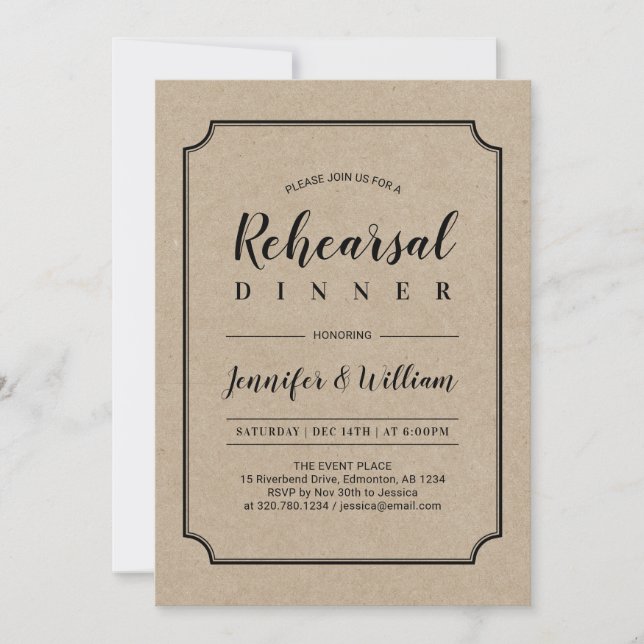 Invitation Black & Kraft | Dîner de répétition de mariage cla (Devant)