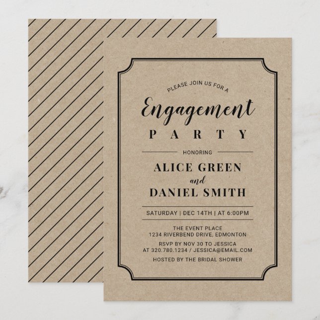Invitation Black & Kraft | Mariage Classique Fiançailles Fête (Devant / Derrière)