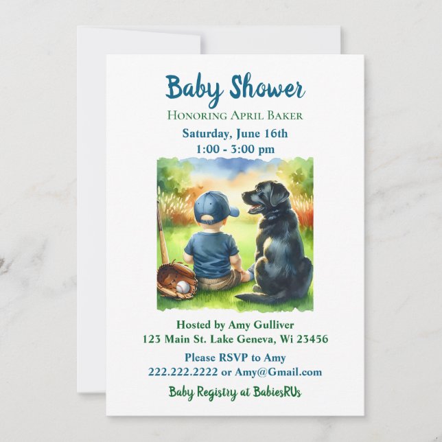 Invitation Black Lab et Baby Boy Baseball Baby shower à thème (Devant)