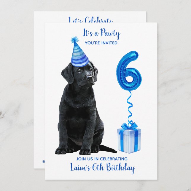Invitation Black Lab Puppy Thème 6ème anniversaire Blue Boy P (Devant / Derrière)