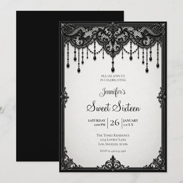 Invitation Black Lace Sweet 16 Anniversaire (Devant / Derrière)