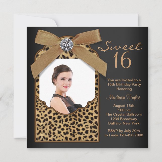 Invitation Black Leopard Photo Sweet 16 Anniversaire (Devant)