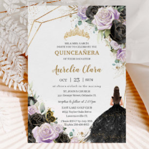 Invitation Black Lilac Roses Floral Quinceañera Sweet sixteen